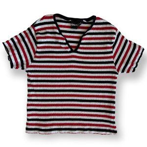 Vintage Erika Red Black White Stripped Blouse Short Sleeve Vneck Shirring XL